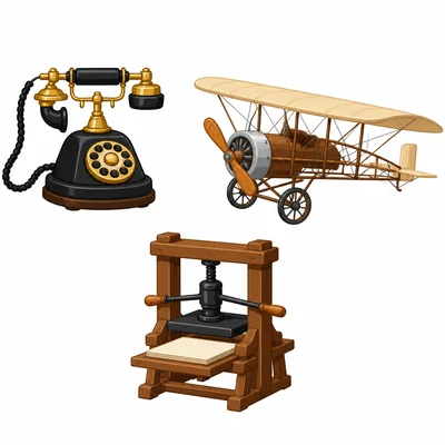 A telephone, an early airplane, and a printing press shown as three choices.