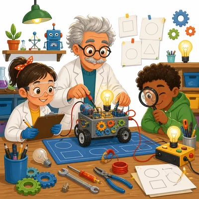 Inventors test an idea in a laboratory with tools and equipment.