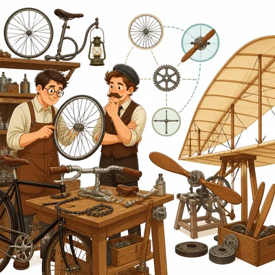 Inventors in a bicycle shop compare bicycle parts with airplane parts.