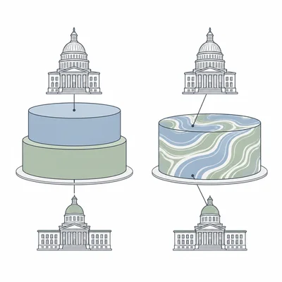 Side-by-side visual of separated layers and blended cooperation in federalism models.