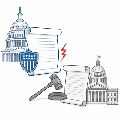Illustration of a conflict between federal and state law with federal authority in front.