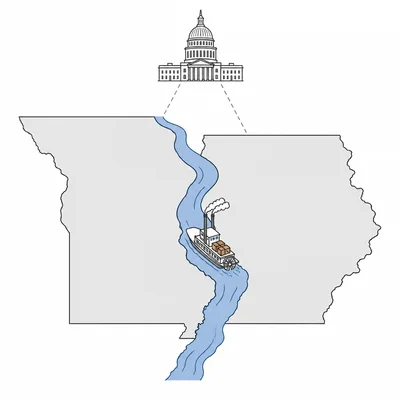 Steamboat carrying goods across a state boundary on a river.