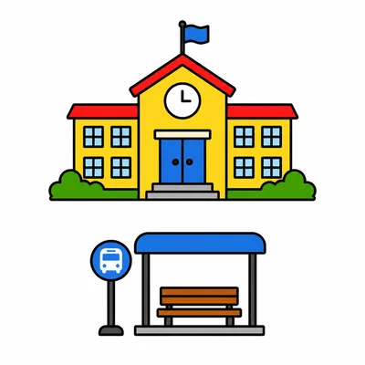 Map with a bus stop below a school.