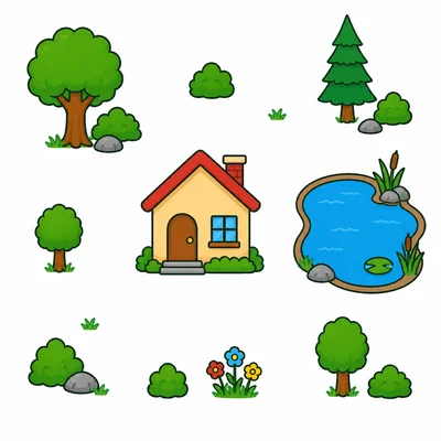 Map with a pond to the right of a house.