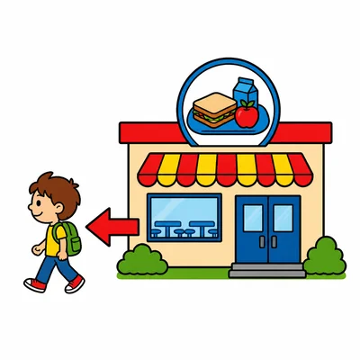 Child walking left from a cafeteria.
