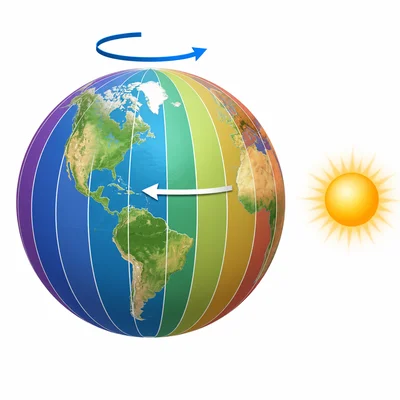 Earth with time-zone bands and a westward arrow.