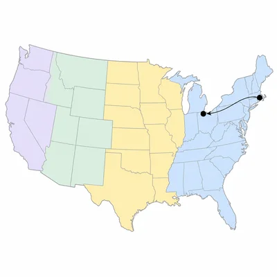 United States map highlighting Eastern and Central time zone areas.