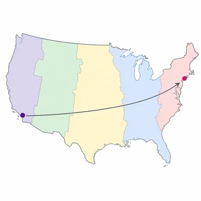 United States map highlighting Pacific and Eastern time zone areas.