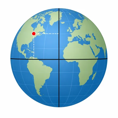 Globe with a point north of the equator and west of the prime meridian.