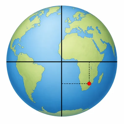 Globe with a point south of the equator and east of the prime meridian.