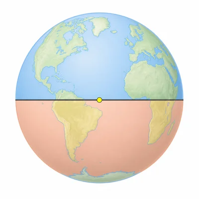 Globe with a point exactly on the equator between two hemispheres.