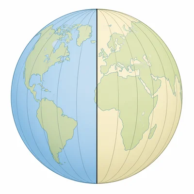 Globe divided by the prime meridian with longitude lines.