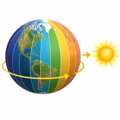 Earth with time-zone bands and an eastward arrow.