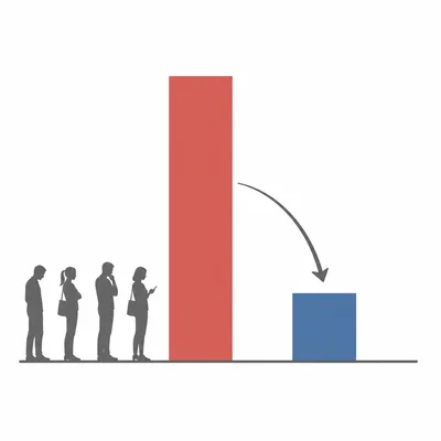Unlabeled bar graph with a tall red bar, a shorter blue bar, and an arrow showing movement from one region to another.