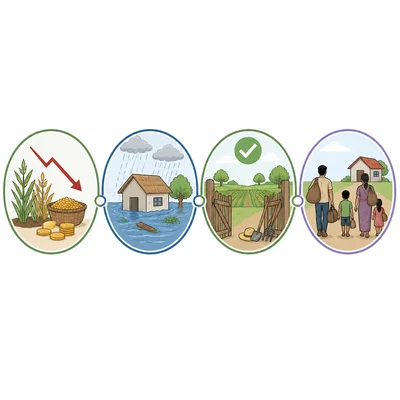Four-step timeline showing falling crop prices, flood damage, a farm work opportunity, and a family moving.