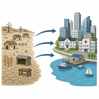 Map-style diagram showing people moving from a struggling rural area to a coastal city with services and jobs.