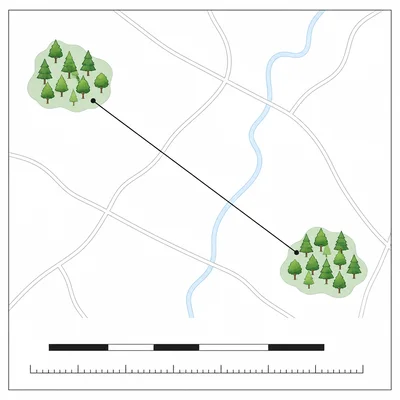 Map diagram with two parks separated by a line and an unlabeled scale bar.