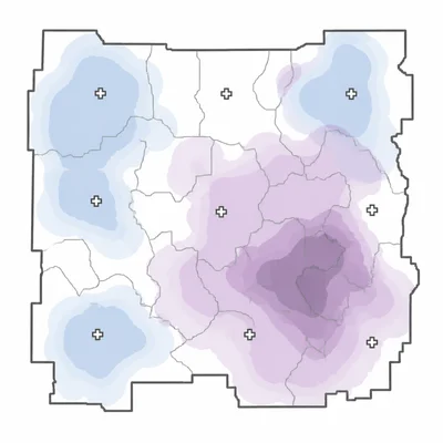 GIS overlay map showing clinics, high-need areas, long hospital travel areas, and a highlighted priority overlap.