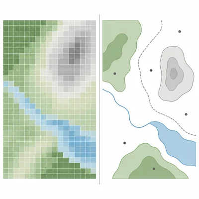 Side-by-side diagram of raster grid data and vector point, line, and polygon data.