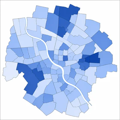 Choropleth-style neighborhood map with areas shaded in different intensities of blue.
