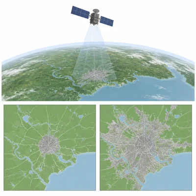 Satellite remote sensing diagram showing urban growth by comparing a smaller and larger city footprint.