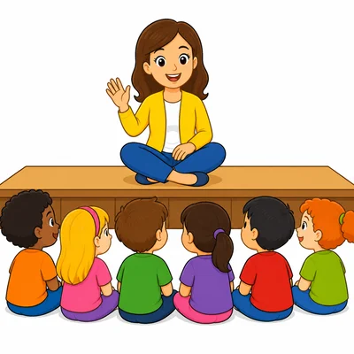 Children sitting at a school assembly with a teacher