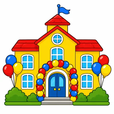 A school building decorated with balloons