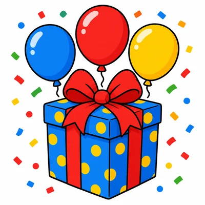 A wrapped gift with colorful balloons and confetti