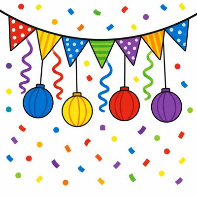 Colorful party decorations hanging with confetti
