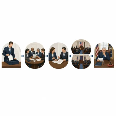 A flow diagram showing a bill moving through introduction, committee, debate, votes, and the president.