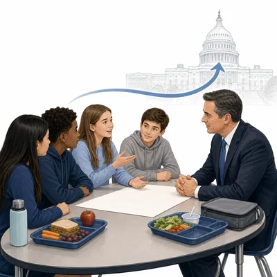 Students share a lunch-related idea with a representative, with the Capitol in the background.