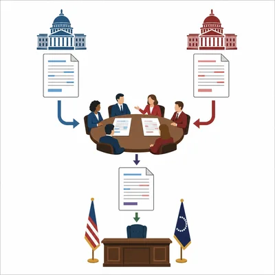 Different House and Senate versions of a bill are combined into one final version before going to the president.