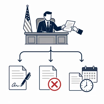 The president has three possible actions after receiving a bill from Congress.