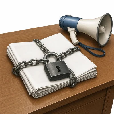 A blank newspaper locked with a padlock, representing freedom of the press being threatened.