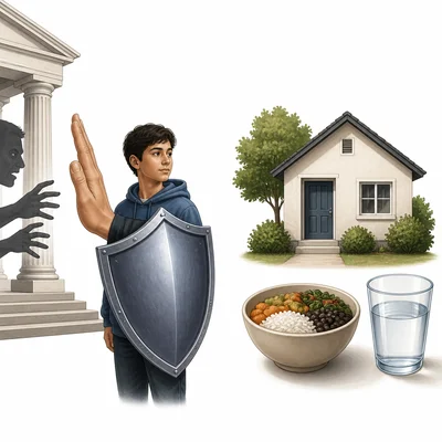 Visual icons for protection from abuse and basic needs such as housing, food, and water.