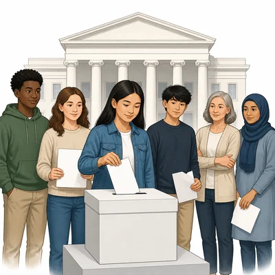 People participating in government by placing a ballot into a ballot box.