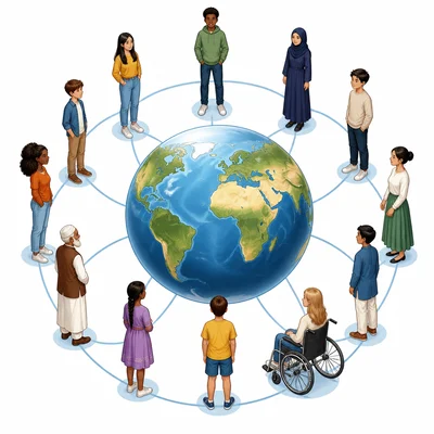 A globe surrounded by diverse people to represent something applying to everyone worldwide.