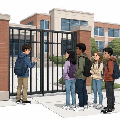 A student being unfairly blocked from entering a school while other students are nearby.