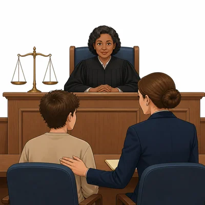 A courtroom scene showing a judge, an accused person, and a lawyer during a fair hearing.