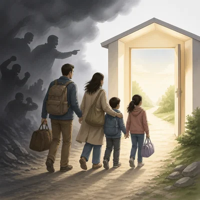 A family leaving danger and moving toward a safe shelter.