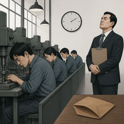 Tired factory workers working while an owner stands nearby with an empty pay envelope.