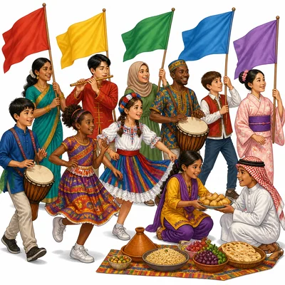 A community parade with music, dancing, and foods from many cultures.