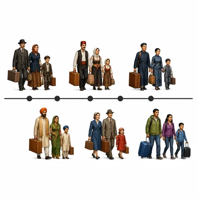 A timeline with different groups of immigrants arriving at different points.