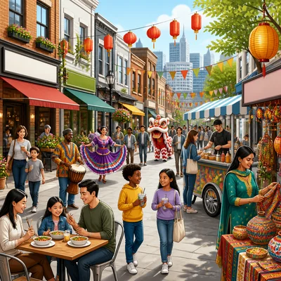 A diverse city neighborhood with shops, restaurants, food stands, and cultural celebrations.