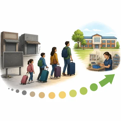 A family moves from a place with closed shops toward a place with a school and work opportunities.