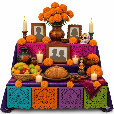 A Día de los Muertos ofrenda with flowers, candles, photos, and offerings.