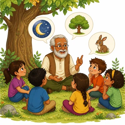 An elder telling a story to children in a circle.