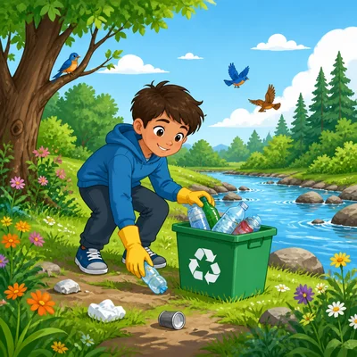 A child picking up litter near a river to care for nature.