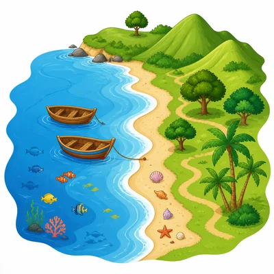 A coastal map scene with ocean, land, fish, shells, and boats.