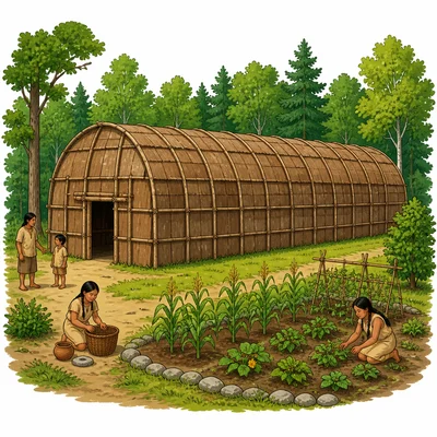 A long wooden longhouse in a forest setting.